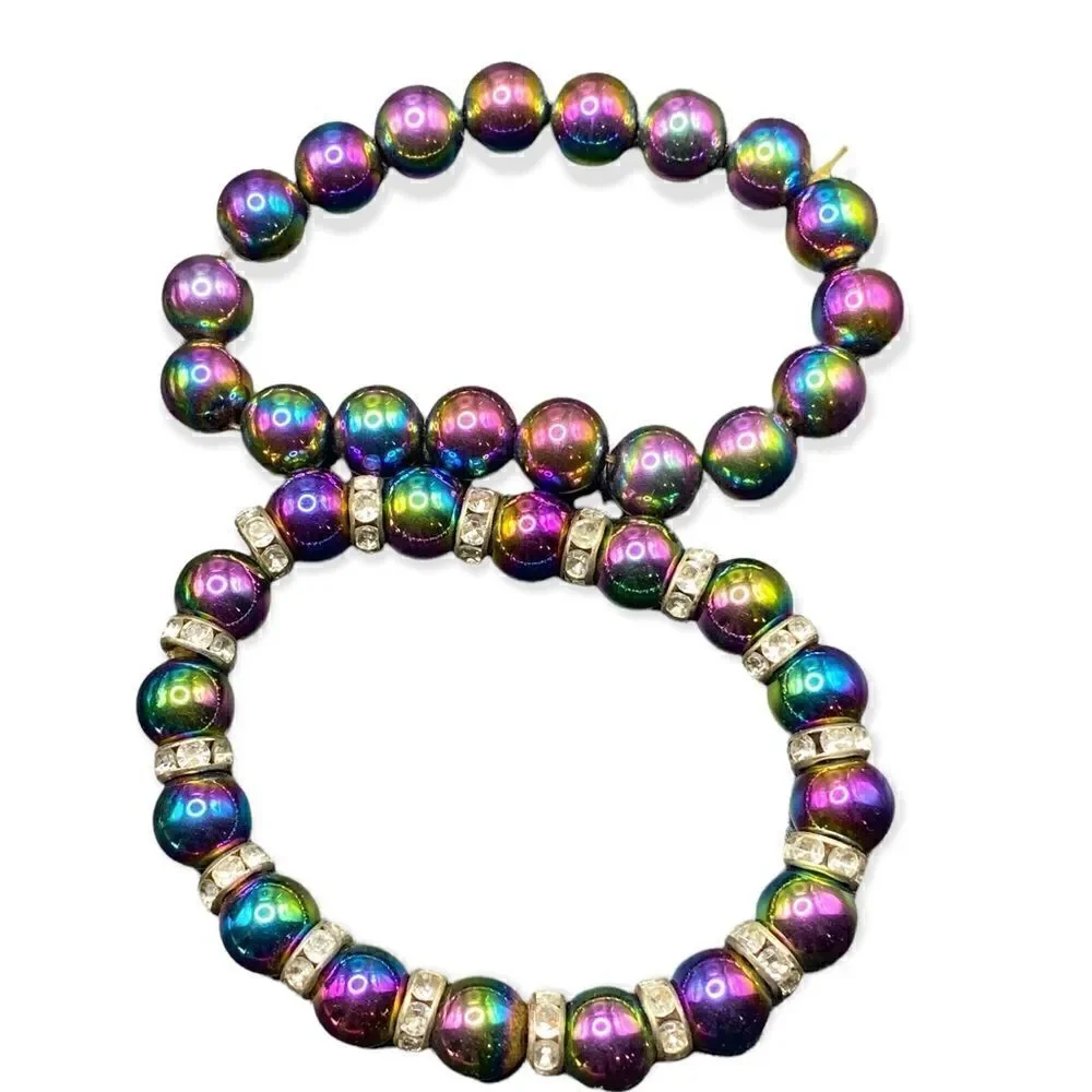 Two black iridescent magnetic stretch bracelets one braided mesh bangle
